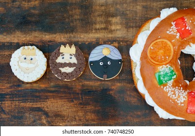 Typical dessert eaten in Spain to celebrate Epiphany with three cookies of the Three Wise Men