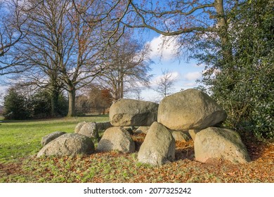 Typical dutch prehistoric burial ground formed by large boulders called Hunebed in Norg, Netherlands
