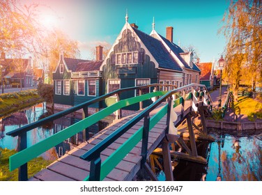 Typical Dutch village Zaanstad in spring sunny day. Netherlands, Europe. Instagram toning