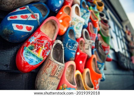 Typical dutch wooden shoes in the Zaanse Schans during wintertime.