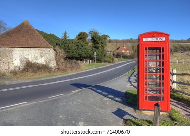 Typical English Telephone Booth On Side Of Road In Countryside