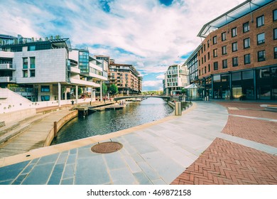 Typical Example Of Scandinavian Architecture. Exterior Building in Aker Brygge is a popular area for for shopping, dining, and entertainment in Oslo, Norway