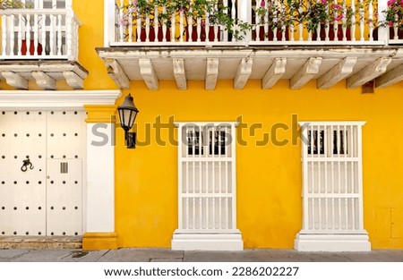 Typical facade of a colonial house in the historic center of Cartagena, Colombia.