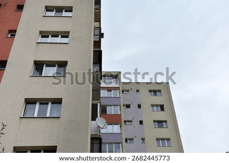 Typical facade of concrete panel building. Post Soviet flat of blocks