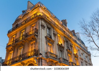 The typical facade of Parisian building in the evening , France. - Shutterstock ID 1038006589