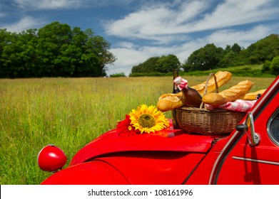 Typical French Car With Bread And Wine For Picnic