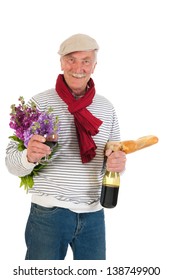 Typical French Man With Bread And Wine Isolated Over White Background