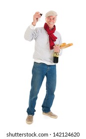 Typical French Man With Bread And Wine Isolated Over White Background