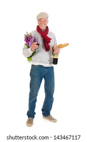 Typical French Man With Bread And Wine Isolated Over White Background