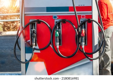 Typical Gas Station At Sunset, Warm Summer Day