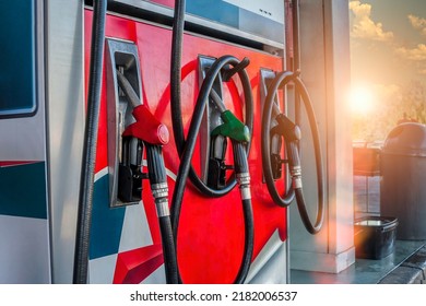 Typical Gas Station At Sunset, Warm Summer Day