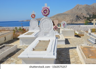 Typical Gravesite Decorations at the Cemetry of Emborios (Imborios) on the greek Island of Chalki (Halki), 9 km North of Rhodes