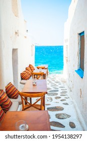 Typical Greek Bar In Mykonos Town With Sea View, Cyclades Islands, Greece