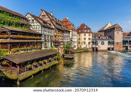 Typical half-timbered buildings and former water mills  in the Petite France quarter in Strasbourg, France