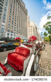 Typical Horse Carriage With Red Interior In New York.