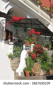 Typical House With Balcony And Flowers In Positano. Amalfi Coast, Italy