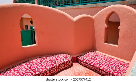 Typical house terrace in Marrakech with cushions
