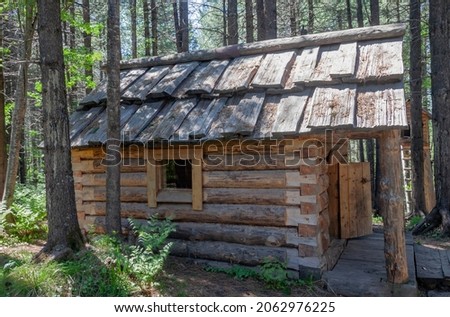  Typical hunter's hut in the cedar Siberian taiga on  summer day. The new winter quarters of commercial hunter in the Baikal forests on  sunny June day.