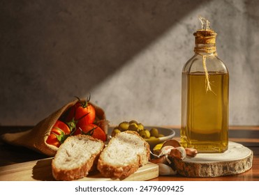 Typical Mediterranean breakfast, olive oil, tomato, garlic and bread. Healthy lifestyle - Powered by Shutterstock