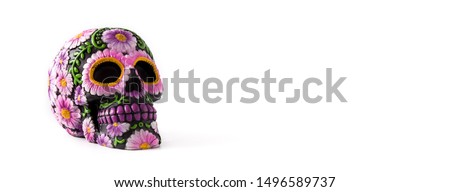 Typical Mexican skull painted isolated on white background. Panorama view.  Dia de los muertos.