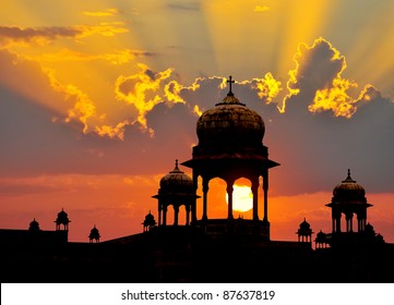 Typical Mogul design palace domes at sunset, Rajasthan, India.
