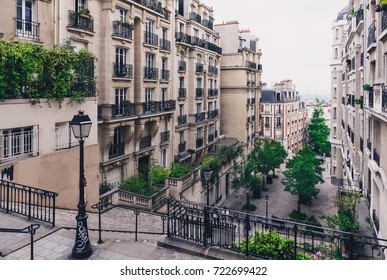 Typical Montmartre Staircase In Paris, France.  Architecture And Landmark Of Paris. Cozy Paris Cityscape