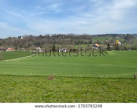 Similar – A tractor turns mown hay in a field in a small community