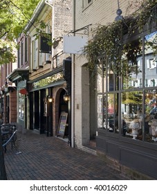 Typical  New England Or Midwest Downtown Main Street. This Could Be Any Small Town U.S.A. Old  Buildings Turned Into Small Businesses, Retail Shops And Cafe's.