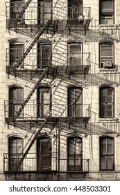 Typical New York City Building With Fire Escape Ladders