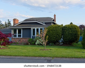 Typical North American Suburban Street With Detached Homes And Grass Lawns