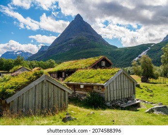 Typical norwegian old wooden houses with grass roofs in Innerdalen - Norway's most beautiful mountain valley, near Innerdalsvatna lake. Norway, Europe. - Shutterstock ID 2074588396
