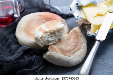 Typical Portuguese Bread Bolo Do Caco With Butter And Knife