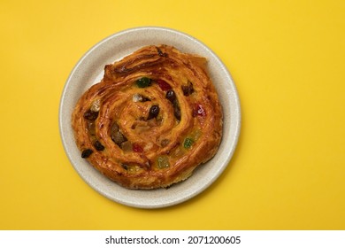 Typical Portuguese Sweet Bread With Cream On The Dish On Gray