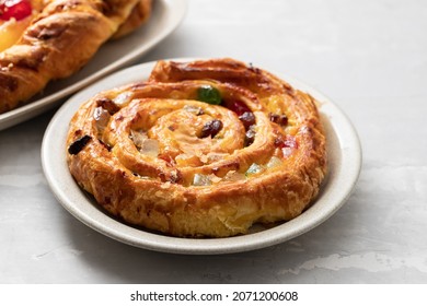 Typical Portuguese Sweet Bread With Cream On The Dish On Gray