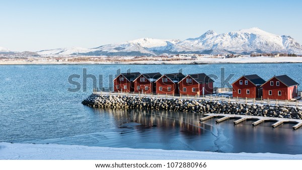 Typical Red Norwegian Cabins On Pier Stock Photo Edit Now 1072880966