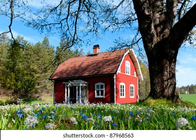 Typical Red Wooden House In Sweden