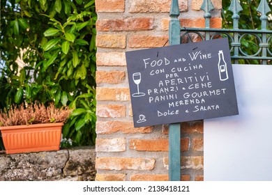 Typical Restaurant Sign Of Oltrepo Pavese (Lombardy, Northern Italy); Is Offered Food And Wine, With Kitchen For Aperitifs, Lunches, Dinners, Gourmet Sandwiches, Sweet And Savory Snacks.