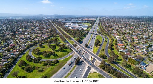 Typical Road Interchange In Melbourne Suburbs - Aerial Panorama