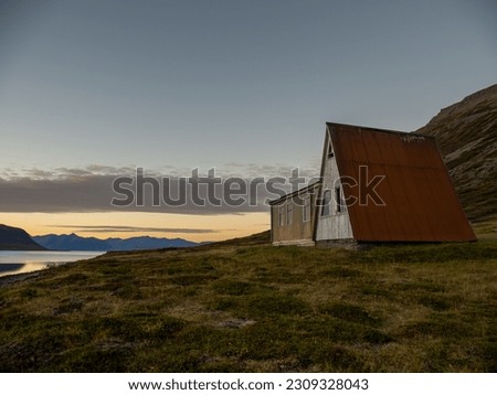 Similar – Image, Stock Photo Hiker reaches hut in evening sun tide