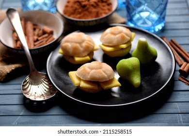 Typical Sicilian Sweets Of Marzipan With The Shape Of Sandwich And Green Fig