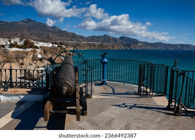 Typical small stony beaches in the city of Nerja, Spain - Shutterstock ID 2366492387
