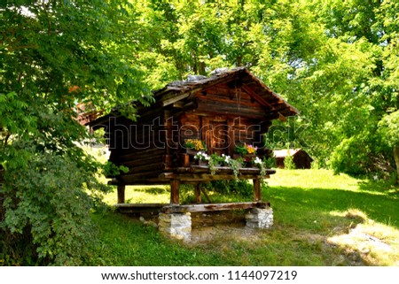  Typical small Wood shed with flowers in Switzerland countryside