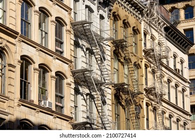 Typical Soho Loft Building Facades With Fire Escapes. Manhattan, New York City