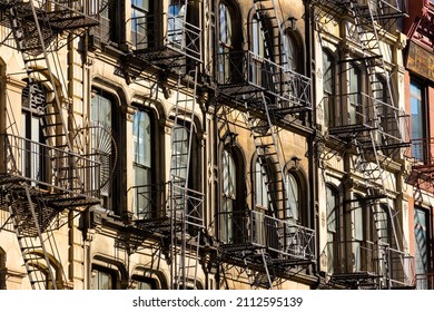 Typical Soho Loft Building Facades With Fire Escapes. Manhattan, New York City