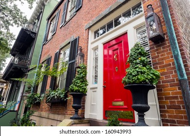 Typical Southern Style Town Home In Savannah, Georgia.