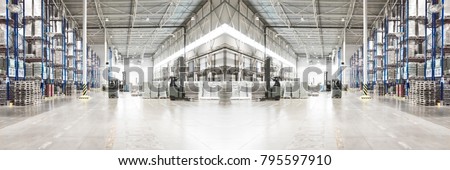 Typical storage, warehouse interior. Selective focus. Toned collage. Wide panoramic image. Industrial background.