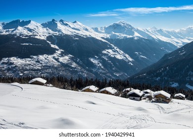 Typical Swiss Chalet On The Slopes Of The Ski Resort Of Verbier, Switzerland