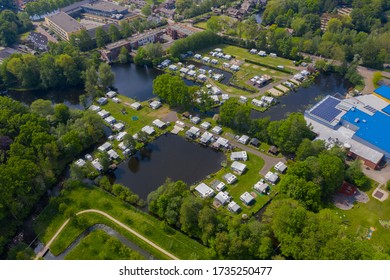 Typical Tradition Dutch Way Of Spending The Holiday / Vacation. Aerial Drone View Of Caravan Motor Home Camp Site Camp Grounds Camping.