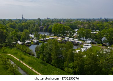 Typical Tradition Dutch Way Of Spending The Holiday / Vacation. Aerial Drone View Of Caravan Motor Home Camp Site Camp Grounds Camping.