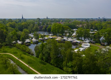 Typical Traditiondutch Way Of Spending The Holyday / Vacation. Aerial Drone View Of Caravan Motor Home Camp Site Camp Grounds Camping.